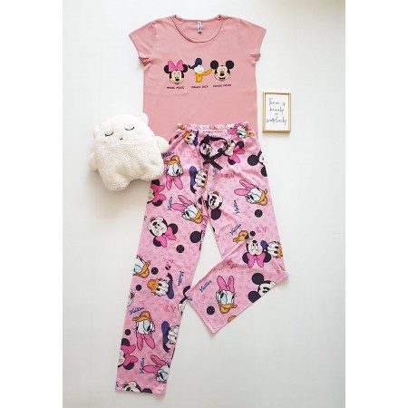 Pijama dama ieftina bumbac cu tricou roz si pantaloni lungi roz cu imprimeu 3 desene animate